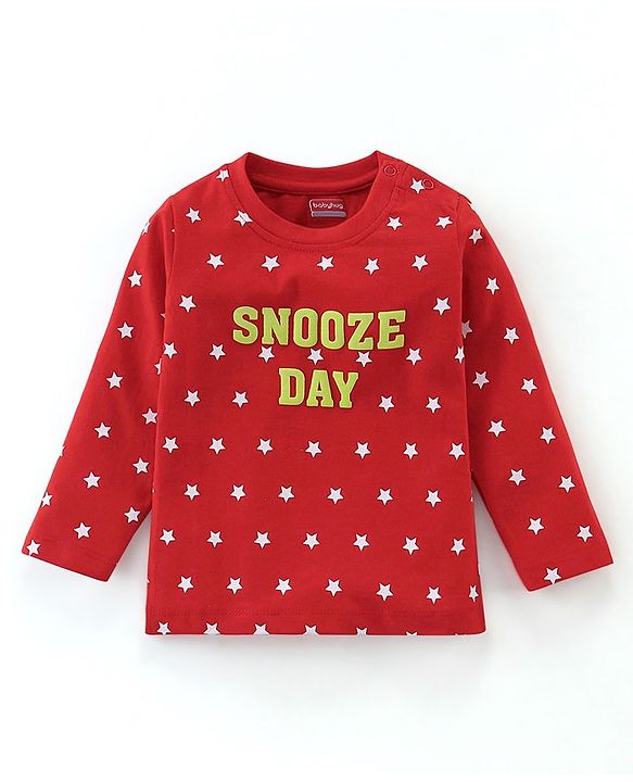 Babyhug Single Jersey Cotton Knit Full Sleeves Night Suit with Text & Stars Print - Red