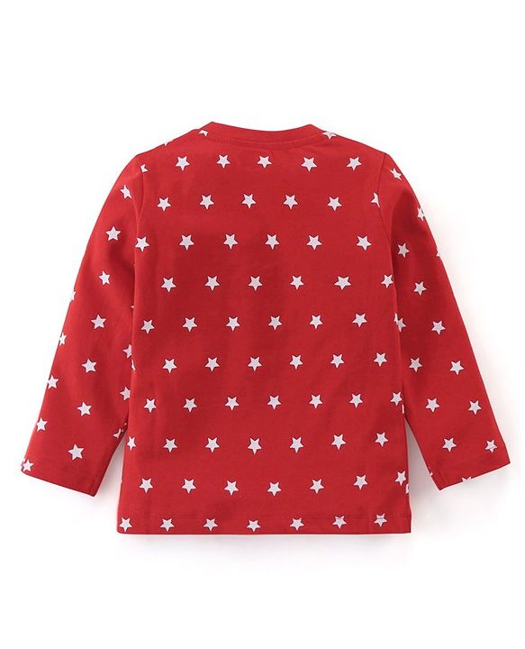 Babyhug Single Jersey Cotton Knit Full Sleeves Night Suit with Text & Stars Print - Red