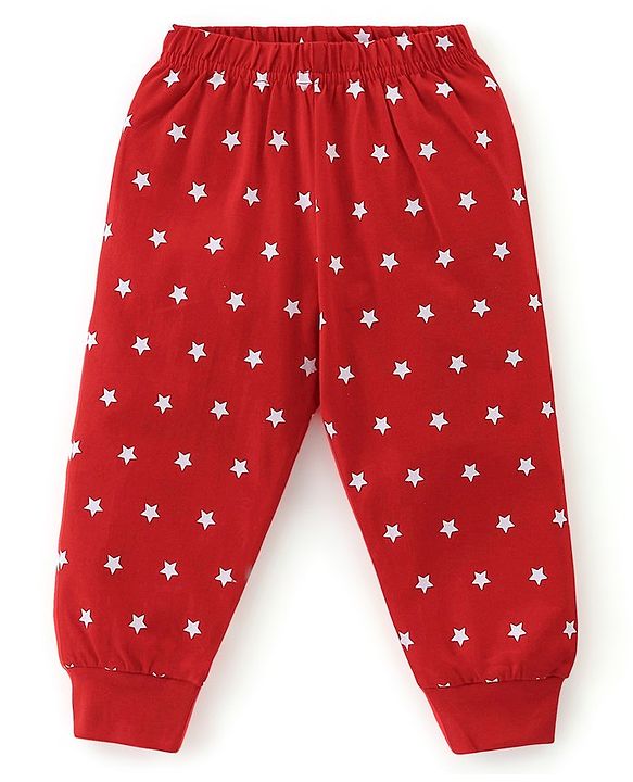 Babyhug Single Jersey Cotton Knit Full Sleeves Night Suit with Text & Stars Print - Red