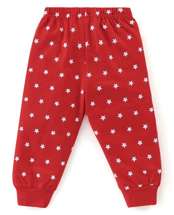 Babyhug Single Jersey Cotton Knit Full Sleeves Night Suit with Text & Stars Print - Red