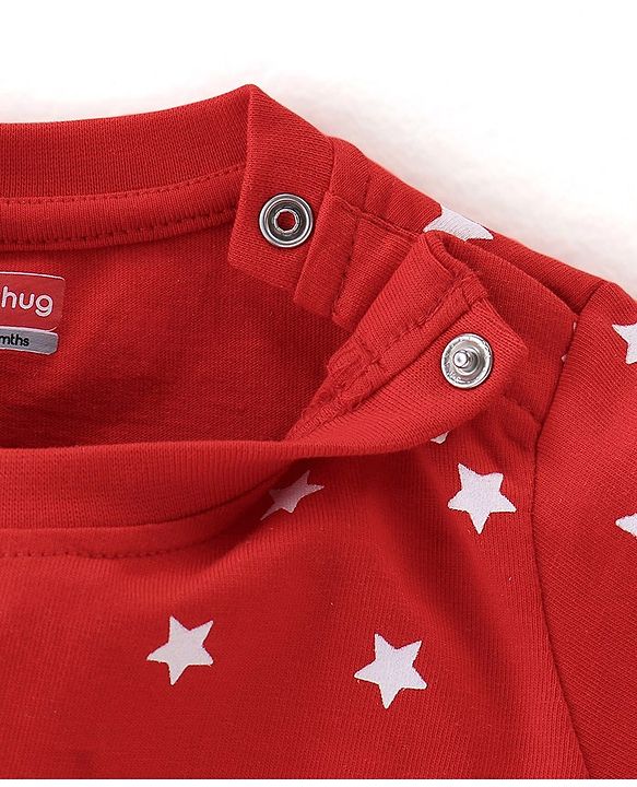 Babyhug Single Jersey Cotton Knit Full Sleeves Night Suit with Text & Stars Print - Red