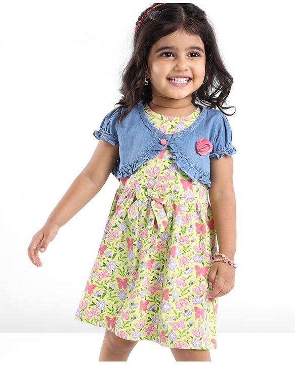 Babyhug 100% Cotton Knit Frock With Half Sleeves Denim Jacket Floral Print - Green & Blue