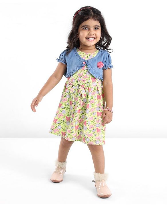 Babyhug 100% Cotton Knit Frock With Half Sleeves Denim Jacket Floral Print - Green & Blue