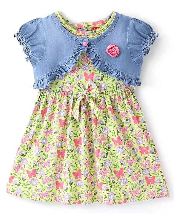 Babyhug 100% Cotton Knit Frock With Half Sleeves Denim Jacket Floral Print - Green & Blue