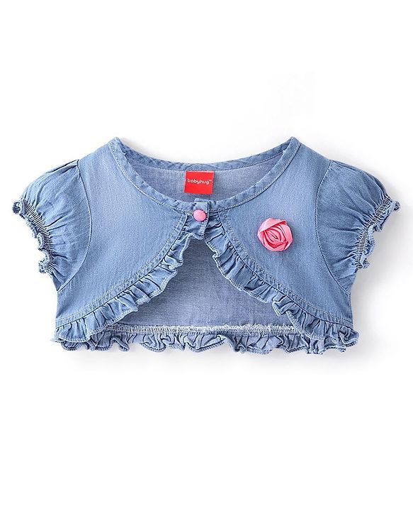 Babyhug 100% Cotton Knit Frock With Half Sleeves Denim Jacket Floral Print - Green & Blue