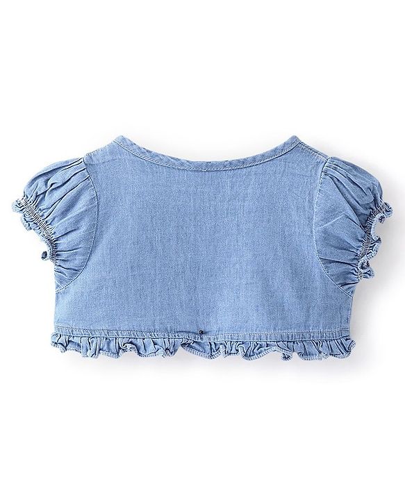 Babyhug 100% Cotton Knit Frock With Half Sleeves Denim Jacket Floral Print - Green & Blue