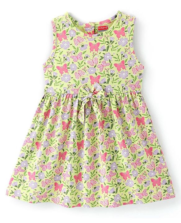 Babyhug 100% Cotton Knit Frock With Half Sleeves Denim Jacket Floral Print - Green & Blue