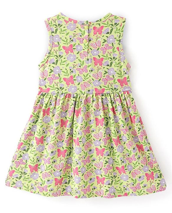 Babyhug 100% Cotton Knit Frock With Half Sleeves Denim Jacket Floral Print - Green & Blue
