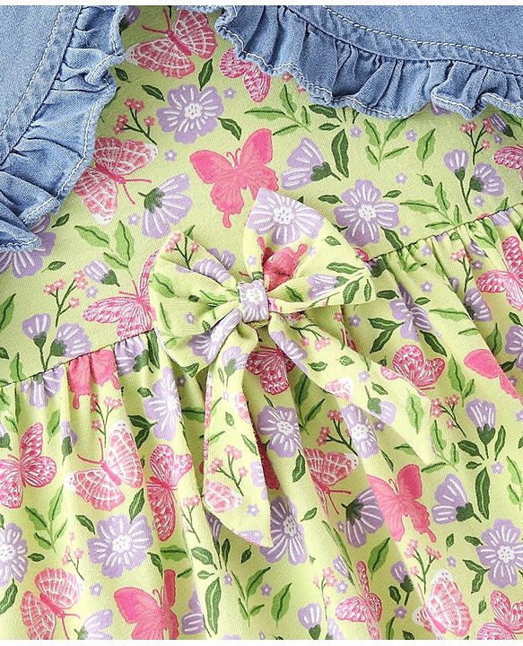 Babyhug 100% Cotton Knit Frock With Half Sleeves Denim Jacket Floral Print - Green & Blue