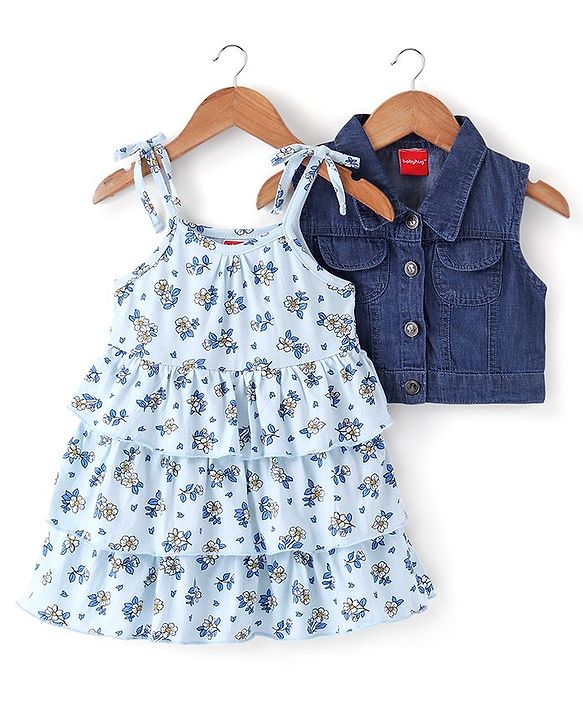Babyhug Cotton Knit Floral Printed Layered Frock with Sleeveless Denim Jacket - Blue