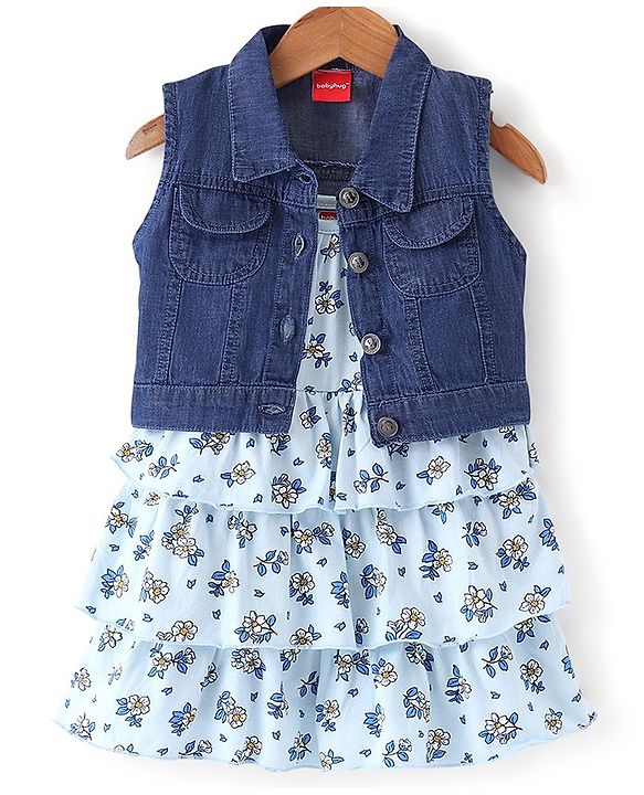 Babyhug Cotton Knit Floral Printed Layered Frock with Sleeveless Denim Jacket - Blue
