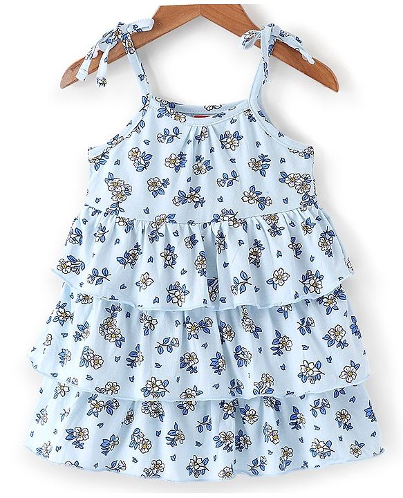 Babyhug Cotton Knit Floral Printed Layered Frock with Sleeveless Denim Jacket - Blue