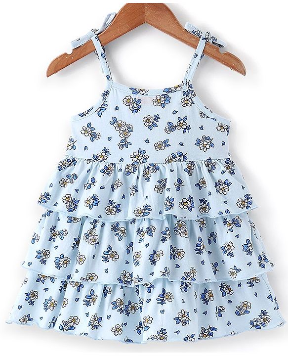 Babyhug Cotton Knit Floral Printed Layered Frock with Sleeveless Denim Jacket - Blue