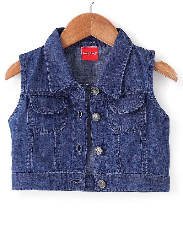Babyhug Cotton Knit Floral Printed Layered Frock with Sleeveless Denim Jacket - Blue