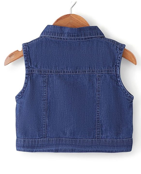 Babyhug Cotton Knit Floral Printed Layered Frock with Sleeveless Denim Jacket - Blue