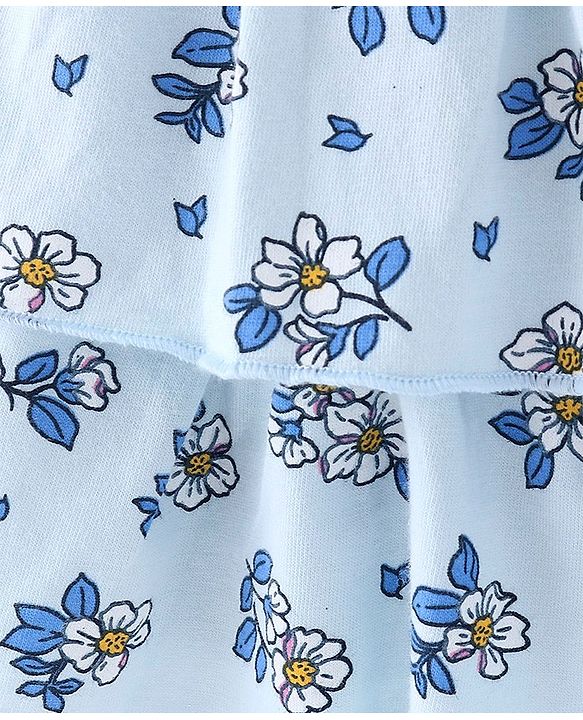 Babyhug Cotton Knit Floral Printed Layered Frock with Sleeveless Denim Jacket - Blue