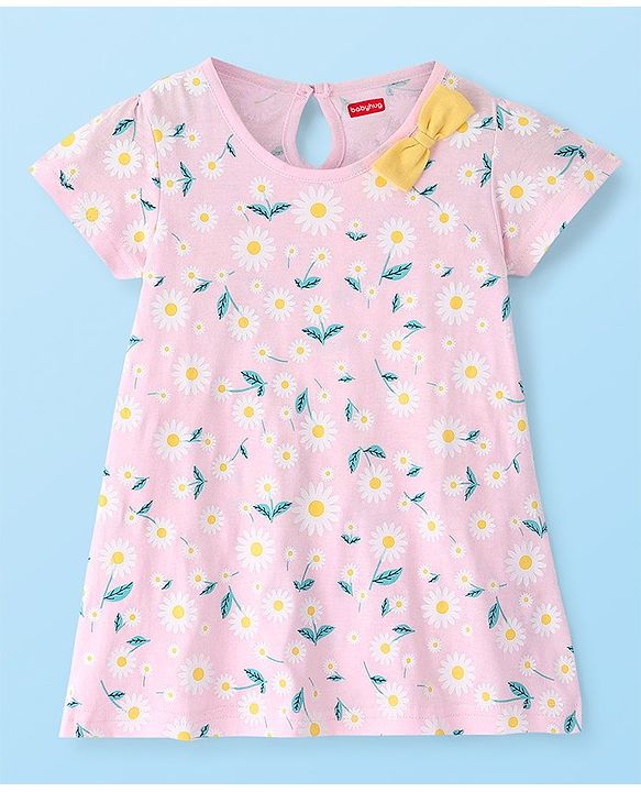 Babyhug 100% Cotton Short Sleeves Knit Dress Daisy Print - Pink
