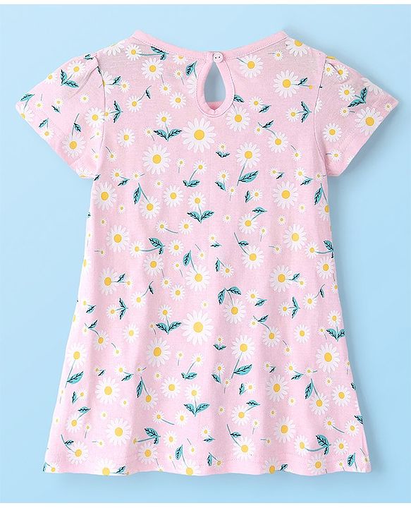 Babyhug 100% Cotton Short Sleeves Knit Dress Daisy Print - Pink