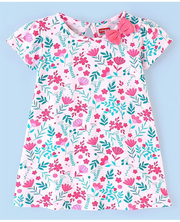 Babyhug 100% Cotton Knitted Half Sleeves Frock With Bow Applique Floral Print Pack Of 2- White & Pink