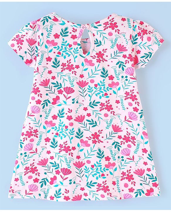 Babyhug 100% Cotton Knitted Half Sleeves Frock With Bow Applique Floral Print Pack Of 2- White & Pink