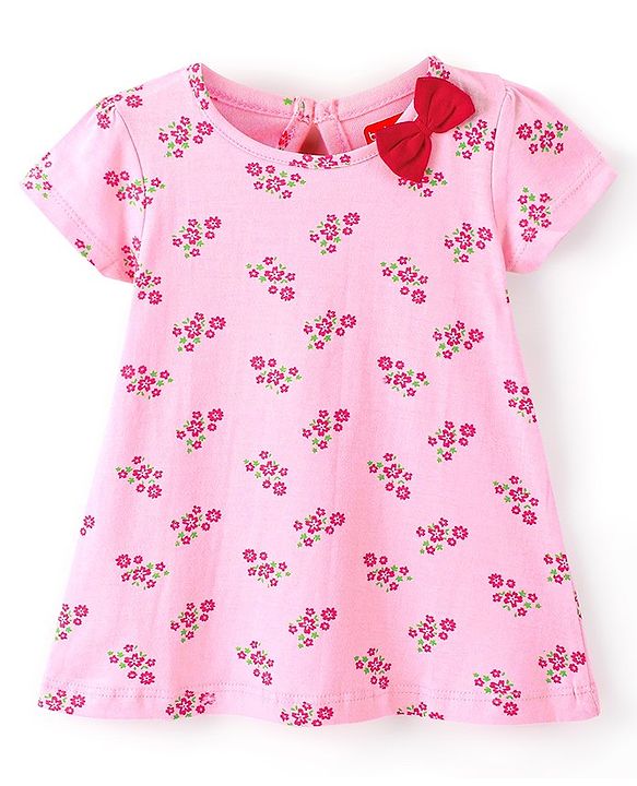 Babyhug 100% Cotton Knitted Half Sleeves Frock With Bow Applique Floral Print Pack Of 2- Red & Pink