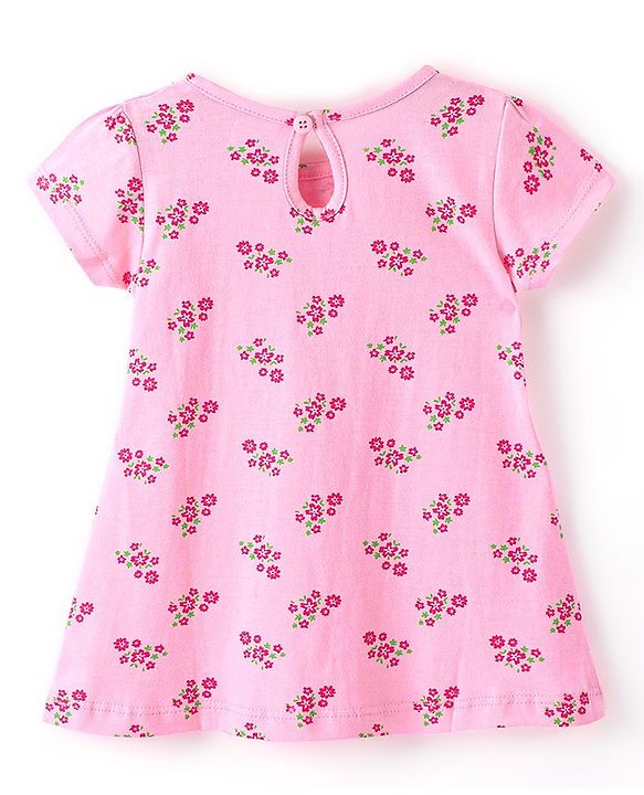 Babyhug 100% Cotton Knitted Half Sleeves Frock With Bow Applique Floral Print Pack Of 2- Red & Pink