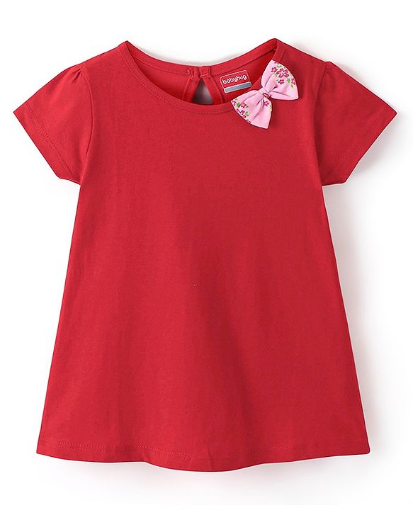Babyhug 100% Cotton Knitted Half Sleeves Frock With Bow Applique Floral Print Pack Of 2- Red & Pink