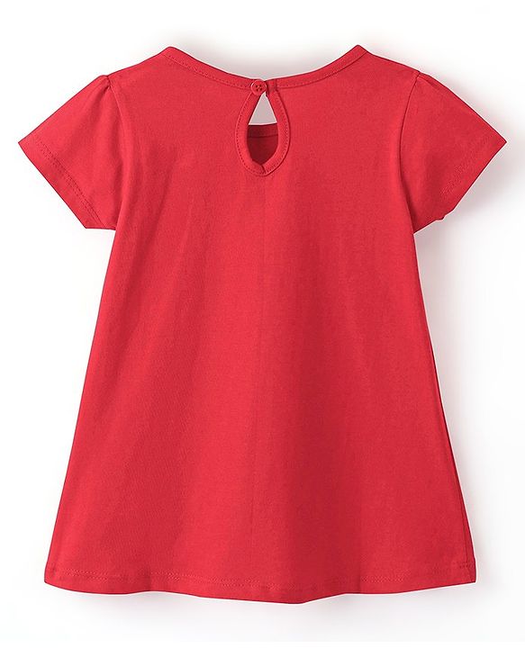 Babyhug 100% Cotton Knitted Half Sleeves Frock With Bow Applique Floral Print Pack Of 2- Red & Pink