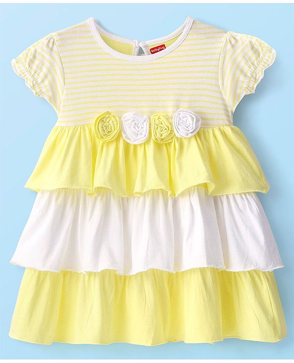Babyhug Cotton Knit Cap Sleeves Frilled Layered Frock with Floral Corsage - Yellow