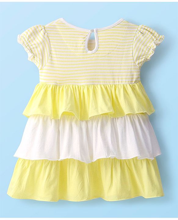 Babyhug Cotton Knit Cap Sleeves Frilled Layered Frock with Floral Corsage - Yellow