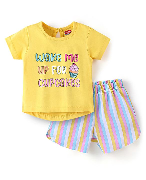 Babyhug Half Sleeves T-Shirt & Night Suit With Text & Cake Print - Yellow & White