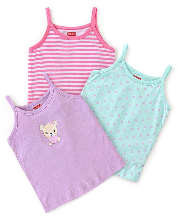 Babyhug 100% Cotton Knit Sleeveless Slips Stripes & Heart Print Pack of 3 - Purple Pink & Blue