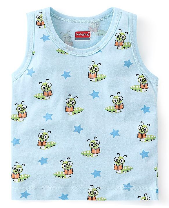 Babyhug Single Jersey Sleeveless Sando Stripes & Caterpillar Print Pack of 3 - Orange & Blue