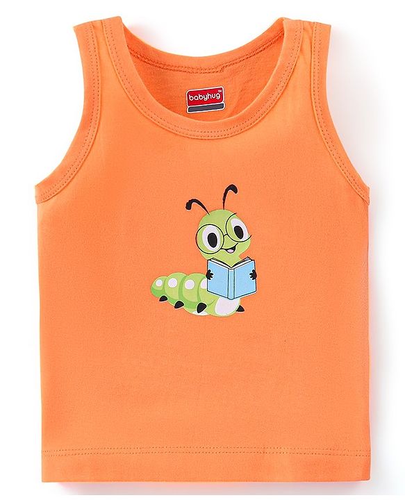 Babyhug Single Jersey Sleeveless Sando Stripes & Caterpillar Print Pack of 3 - Orange & Blue