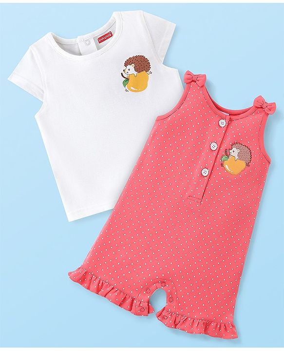 Babyhug Single Jersey Knit Dungaree Set With Porcupine Printed Half Sleeves Tee - White & Pink
