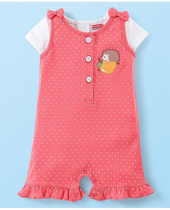 Babyhug Single Jersey Knit Dungaree Set With Porcupine Printed Half Sleeves Tee - White & Pink