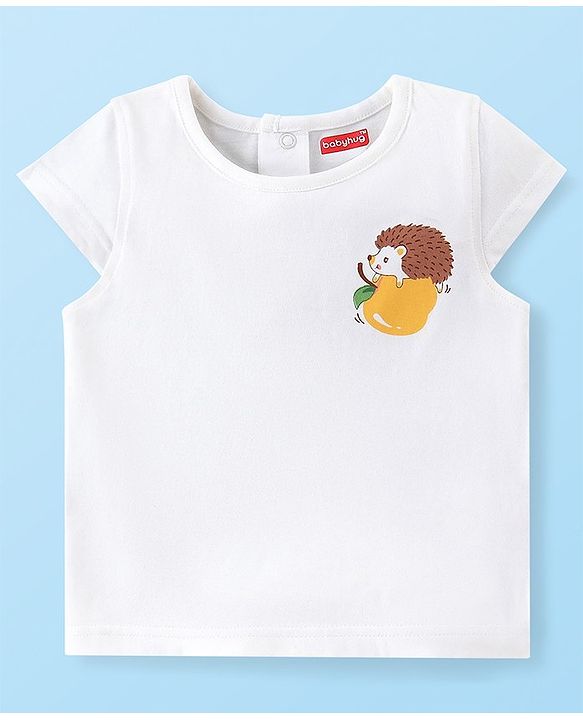 Babyhug Single Jersey Knit Dungaree Set With Porcupine Printed Half Sleeves Tee - White & Pink