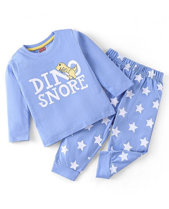 Babyhug Cotton Full Sleeves Night Suit Dino & Stars Print- Blue