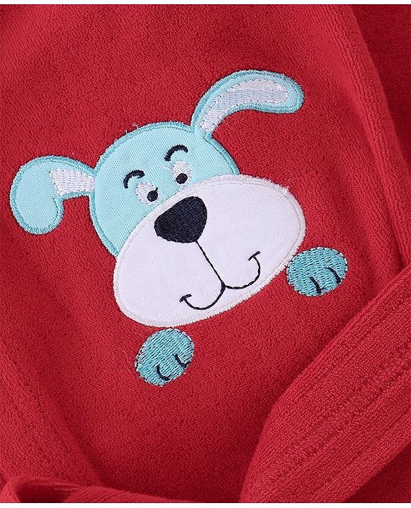 Babyhug Terry Full Sleeves Hooded Bath Robe With Dog Patch- Red