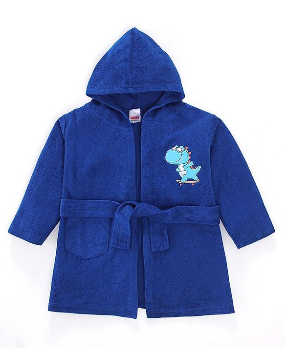 Babyhug Terry Knit Full Sleeves Hooded Bath Robe With Dino Patch - Navy Blue