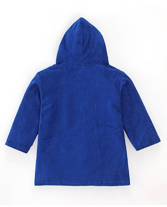 Babyhug Terry Knit Full Sleeves Hooded Bath Robe With Dino Patch - Navy Blue