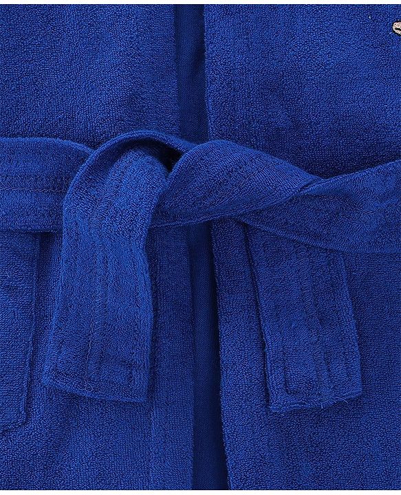 Babyhug Terry Knit Full Sleeves Hooded Bath Robe With Dino Patch - Navy Blue