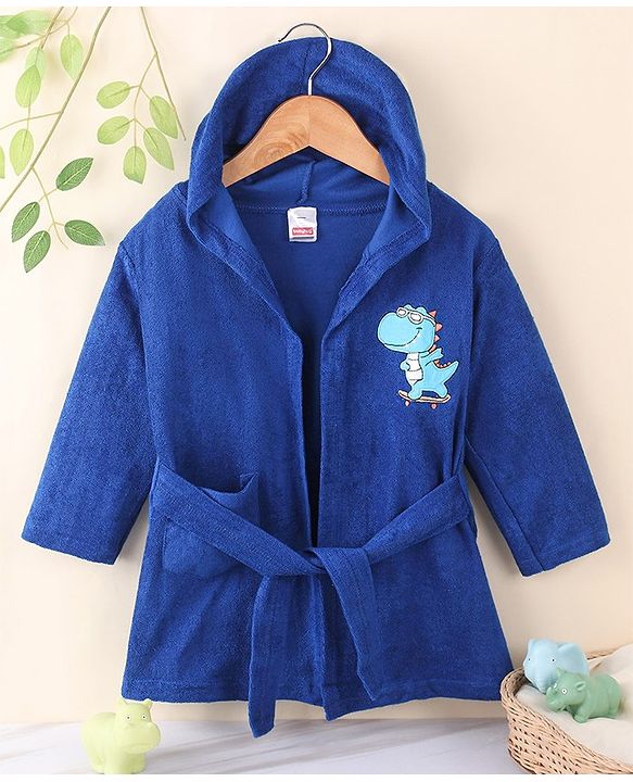 Babyhug Terry Knit Full Sleeves Hooded Bath Robe With Dino Patch - Navy Blue