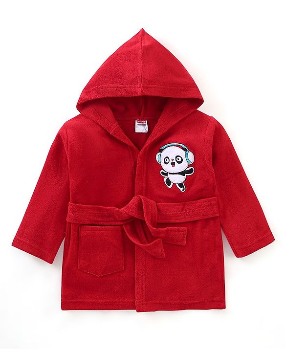 Babyhug Terry Full Sleeves Hooded Bath Robe With Panda Patch- Red