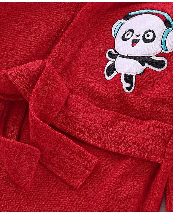 Babyhug Terry Full Sleeves Hooded Bath Robe With Panda Patch- Red