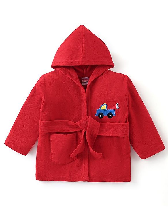 Babyhug Terry Full Sleeves Hooded Bath Robe Car Print- Red