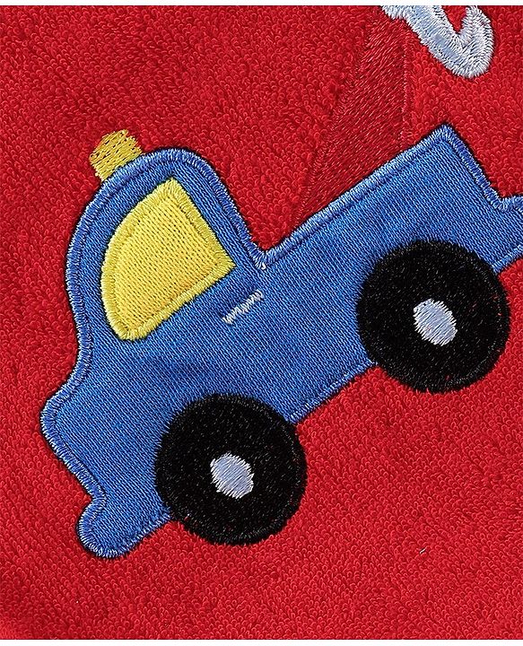 Babyhug Terry Full Sleeves Hooded Bath Robe Car Print- Red