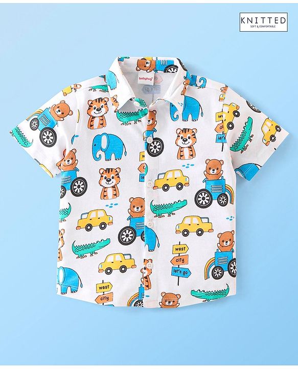 Babyhug 100% Cotton Knit Half Sleeves Regular Shirt with Teddy Print - White