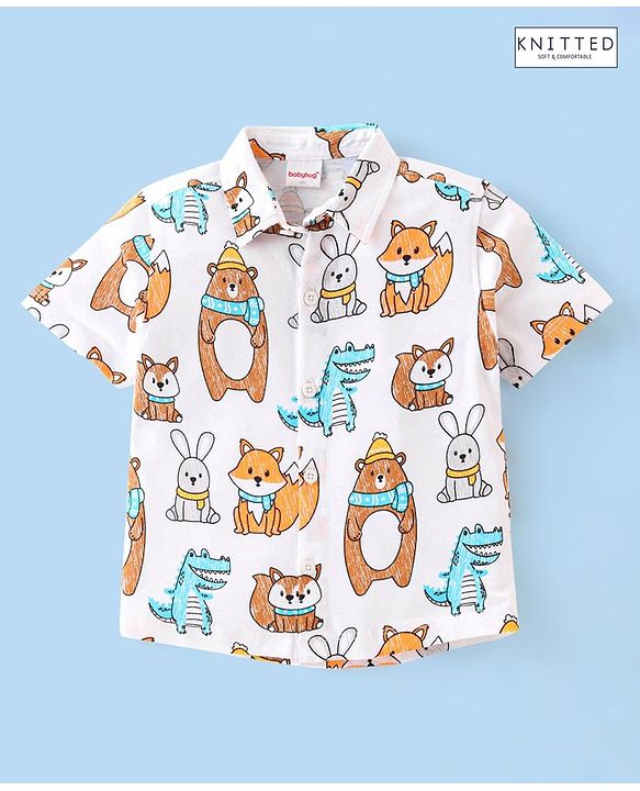 Babyhug 100% Cotton Knit Half Sleeves Animal Print Shirt - White