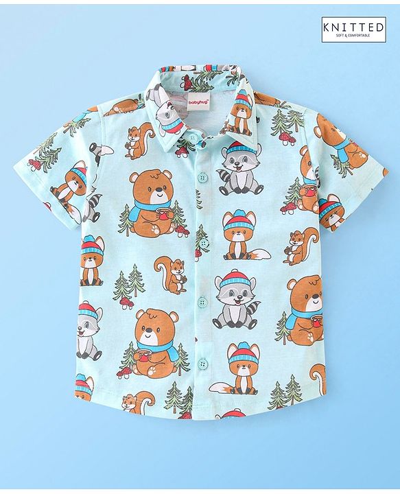 Babyhug 100% Cotton Knit Half Sleeves Regular Shirt with Teddy Print - Blue